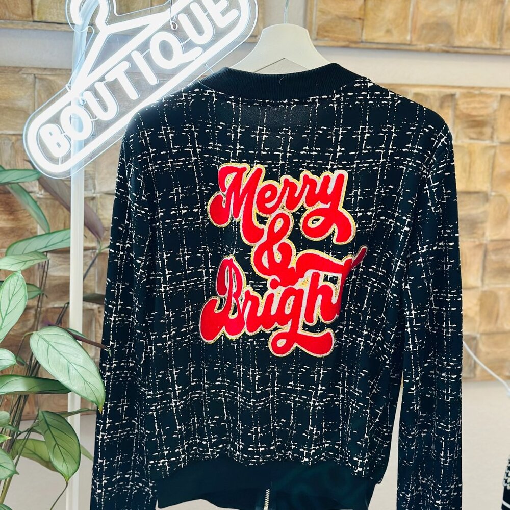 Merry & Bright Tweed Print Bomber Jacket Sequins Chenille Glitter